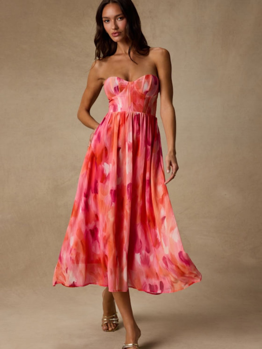 Lulus Aysel Coral Pink Abstract Strapless Bustier Midi Dress - Size XS